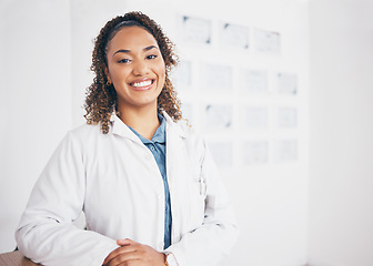 Image showing Portrait, doctor or happy woman in healthcare hospital with smile, pride or trusted medical advice to help. Life insurance, wellness or face of cardiology expert smiling or working in a clinic office