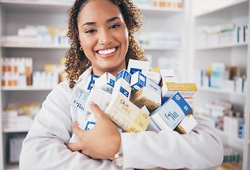 Image showing Happy woman in portrait, pills and pharmacist in pharmacy with healthcare and medicine in drug store. Vitamins, supplements and female smile with prescription medication in pharmaceutical industry