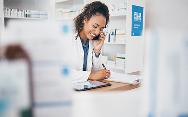 Image showing Phone call, pharmacist or woman in pharmacy writing with smile in customer services or healthcare clinic. Help desk, welcome or happy doctor speaking, consulting or talking in medication on drugstore