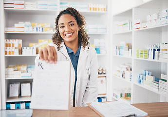 Image showing Pharmacy portrait, medicine bag or happy woman giving package to pov patient in customer services. Pharmacist help desk, smile or doctor with pharmaceutical note or medical product receipt in clinic