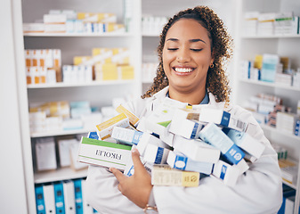 Image showing Happy woman, pills and pharmacist in pharmacy with drugs, healthcare and medicine in drug store. Vitamins, supplements and female smile with prescription medication in pharmaceutical industry