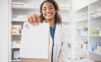 Image showing Pharmacy, medicine bag or portrait of woman giving package to pov patient in customer services. Healthcare help desk, pharmacist or happy doctor with pharmaceutical note or medical product receipt