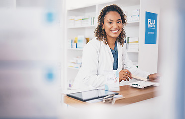 Image showing Organize pills, pharmacist or portrait of woman in pharmacy with smile in customer services or wellness clinic. Healthcare, medical or happy doctor smiling by medication products at retail drugstore