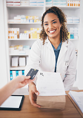 Image showing Credit card, pharmacy medicine or happy woman giving package to pov patient or customer shopping. Pharmacist help desk, payment or doctor with pharmaceutical note or medical product receipt in clinic