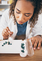 Image showing Medicine, woman or organize pills for pharmacy correct dose, inventory or pharmaceutical management. Healthcare tablets, medical products or doctor counting drugs for retail store stock distribution