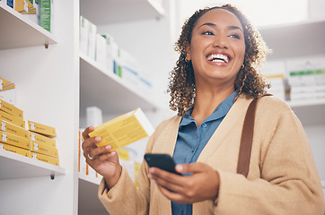 Image showing Pharmacy, phone or happy woman with medicine, pills or medication products in retail drugstore. Smile, choice or customer searching online or reading box of supplements or shopping in medical chemist