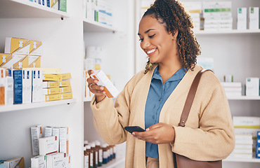 Image showing Pharmacy, phone or happy woman with medicine, healthcare products or medication in drugstore. Smile, choice or customer searching online or reading box of pills or shopping in medical chemist retail