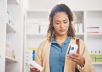 Image showing Pharmacy, confused woman or customer with medicine or healthcare products or medication in drugstore. Doubt, choice or person searching or reading box of pills or shopping in medical chemist retail