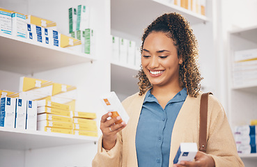 Image showing Pharmacy, choice or happy woman reading medicine, pills or medication products in retail drugstore. Search, decision or customer with a box of supplements or shopping in medical healthcare chemist