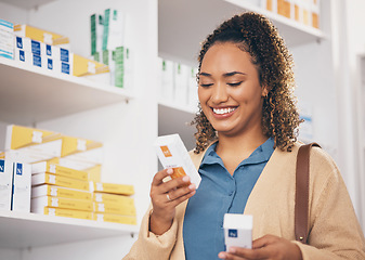 Image showing Pharmacy, decision or happy woman reading medicine, pills or medication products in retail drugstore. Choice, searching or customer with a box of supplements or shopping in medical healthcare chemist