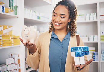 Image showing Pharmacy, piggy bank and woman with medical product, medication and supplements for wellness. Healthcare, health insurance and happy female balance financial savings, money and payment for medicine