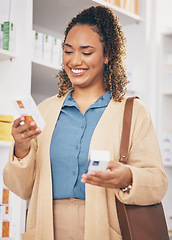 Image showing Pharmacy, search or happy woman reading medicine, pills or medication products in retail drugstore. Choice, decision or customer with a box of supplements or shopping in medical healthcare chemist