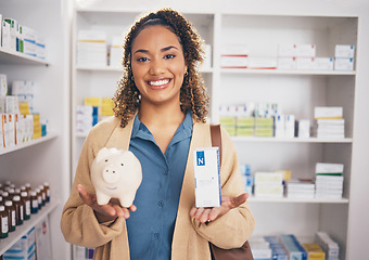 Image showing Pharmacy, piggy bank and portrait of woman with medicine, medication and pills for wellness. Healthcare, health insurance and happy female with financial savings, money and cash for medical product