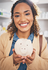 Image showing Pharmacy, piggy bank and portrait of woman with smile in clinic for pills, medication and medical products. Healthcare, health insurance and happy female with finance, money and savings for medicine