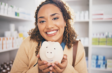 Image showing Pharmacy, piggy bank and portrait of woman with money, financial savings and payment for medical products. Healthcare, health insurance and happy female with cash for medicine, medication and pills