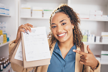 Image showing Pharmacy, medicine or portrait of happy woman with bag or healthcare products or medicine in drugstore. Receipt, pharmaceutical note or customer pointing to pills package shopping in medical chemist