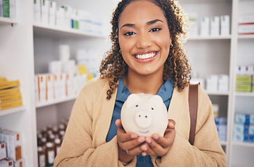 Image showing Money, piggy bank and portrait of woman in pharmacy for pills, medication and medical care for wellness. Healthcare, insurance and happy female with financial savings, cash and payment for medicine