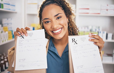 Image showing Pharmacy, woman or happy customer portrait with bag or healthcare products or medicine in drugstore. Receipt, pharmaceutical note or person with pills package or shopping in medical chemist retail