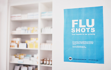 Image showing Healthcare, pharmacy or flu shots poster to promote vaccines or medicine at a drugstore. Advertising banner, pharmaceuticals background or shelf with medical pills, supplements or retail medication