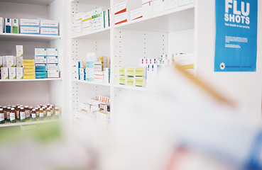 Image showing Healthcare, pharmacy or shelf with medicine pills or supplements products at drugstore clinic. Pharmaceuticals background, blurry or boxes of medical products, supplements stock or retail medication