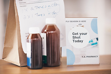 Image showing Healthcare, pharmacy and prescription flu medication on counter for treatment in clinic or hospital. Medical, pills medicine and pharmaceutical or injection for sick, cold or virus cure in drugstore.