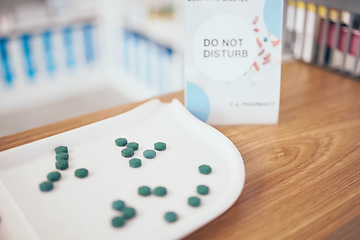 Image showing Pills, healthcare and medicine in an empty pharmacy for the treatment or cure of disease and insurance. Do not disturb, medical and medicine dose, supply or course in a pharmaceuticals clinic