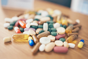 Image showing Healthcare, tablets or table with medicine pills or supplements products at drugstore clinic. Pharmaceuticals background, blurry or medical vitamins, depression anxiety drugs or stress medication