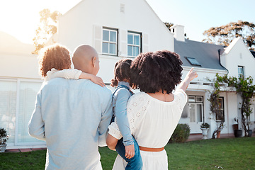 Image showing Real estate, love and family in the yard of their new house bonding and spending quality time together. Mortgage, luxury property and back of young mom, dad and children standing by their modern home