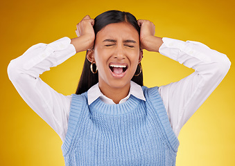 Image showing Frustrated, headache and woman with stress, depression and anxiety against studio background. Female, shouting and person with mental health issues, problems and screaming with a migraine and trauma