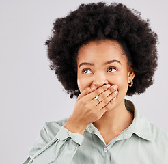 Image showing Thinking, surprise and black woman with a hand on her mouth, shocked and omg against a grey studio background. Female, afro and person cover lips, wtf and facial expression for news and announcement