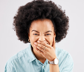 Image showing Black woman, hand cover mouth and studio portrait with comic laughing, secret or smile by white background. Girl, young and student with laugh for gossip, surprise information or wow face by backdrop