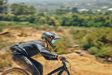 Image showing Mountain bike, man and race for speed, dirt or nature in summer for mock up, extreme sport or motion blur. Bicycle, cycling male and challenge for fast workout, training or fitness mockup in sunshine