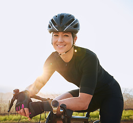 Image showing Rest, cycling and fitness with portrait of woman in nature for training, workout and sports cardio. Health, relax and thinking with female cyclist riding on bike for exercise, endurance and challenge