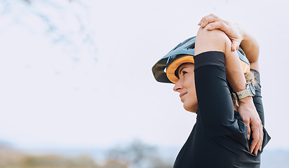 Image showing Sports, cycling and arm stretch by woman outdoors for training, exercise and warm up. Start, stretching and female cyclist prepare for fitness, cardio and routine in the countryside, calm and content