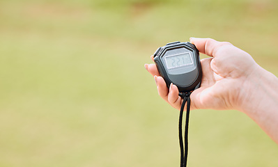 Image showing Hand, stopwatch and mockup with a personal trainer outdoor for sports, fitness or training for a time trial. Exercise, watch and workout with a coach timing an athlete outside for cardio or endurance