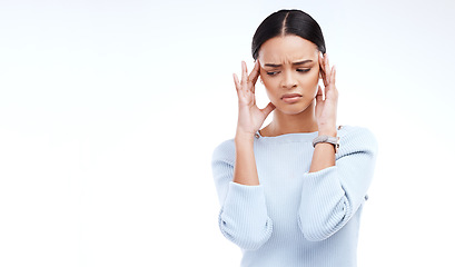 Image showing Sick, woman and pain of headache in white background, isolated studio and mockup. Stress, migraine and female model with anxiety of brain fog, frustrated problem or depression of mental health crisis