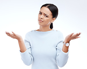 Image showing Portrait of confused woman shrug in studio, isolated white background and questioning choice, emoji and reaction. Female model, confusion and dont know why in doubt, uncertainty and body language