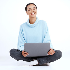 Image showing College woman, portrait and laptop in a studio with happiness from student work. Isolated, white background and happy female working on a computer ready for studying and web learning on ground