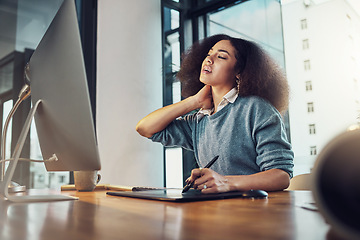 Image showing Neck pain, office and business woman with muscle strain risk, medical emergency or anatomy crisis. Burnout problem, injury accident and corporate person, graphic designer or agent with stress tension