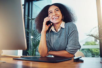 Image showing Phone call, business and laughing with woman in office for networking, communication and negotiation. Contact, technology and connection with female talking for feedback, information and conversation