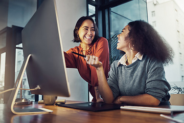 Image showing Collaboration, computer and business women in the office while working on a corporate project together. Teamwork, technology and professional female employees planning a company report in workplace.