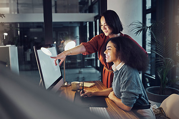 Image showing Partnership, computer and women team in the office while working on a corporate project in collaboration. Teamwork, technology and professional female employees planning business report in workplace.