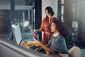 Image showing Teamwork, partnership and female team in the office while working overtime on a corporate project together. Collaboration, night and professional women employees planning business report in workplace