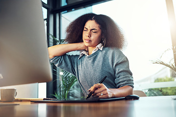 Image showing Neck pain problem, office or business woman with anatomy injury, medical emergency or muscle strain accident. Burnout, crisis and corporate person, graphic designer or tired agent with stress tension