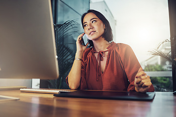 Image showing Phone call, business and focus with woman in office for networking, communication and negotiation. Contact, technology and connection with female talking for feedback, information and conversation