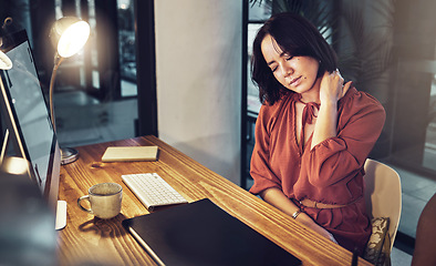 Image showing Neck pain problem, night and business woman with anatomy injury, medical emergency or admin crisis. Burnout fatigue, muscle strain accident and tired person, consultant or agent with stress tension