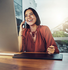 Image showing Phone call, business and funny with woman in office for networking, communication and negotiation. Contact, technology and connection with female laughing for feedback, information and conversation