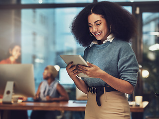 Image showing Business, tablet and night with woman in office for technology, happy and communication. Social media, connection and internet with female and search online for networking, email and website