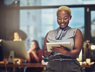 Image showing Business, tablet and happy with black woman in office for technology, corporate or communication. Social media, connection and internet with female and search online for networking, email and website