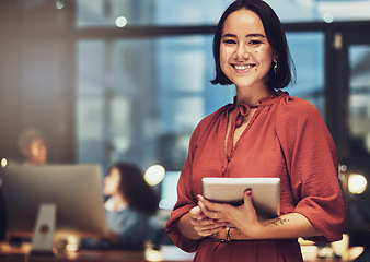 Image showing Business, tablet and portrait of woman in office for technology, corporate and communication. Social media, connection and internet with female and search online for networking, email and website